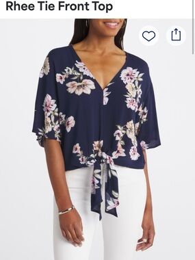 Floral Tie-Front V-Neck Women's Top - Navy